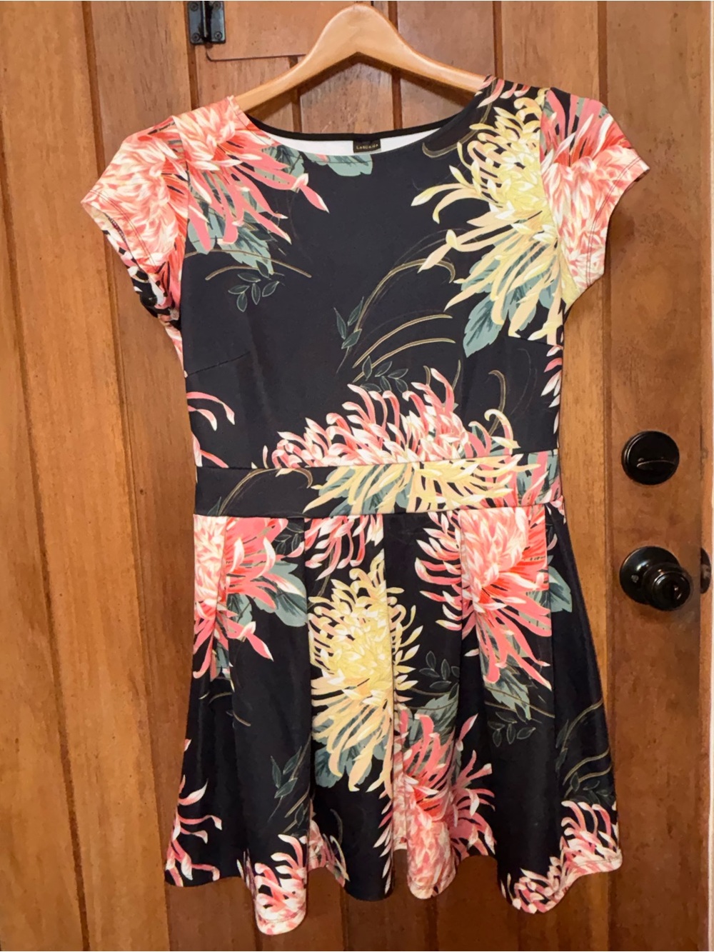 By Lascana Black Floral Fit-and-Flare Dress with Coral and Yellow Blooms